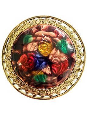 Vintage Reverse Carved Lucite Brooch Gold Tone Floral Pin 1950s‎ New Old Stock